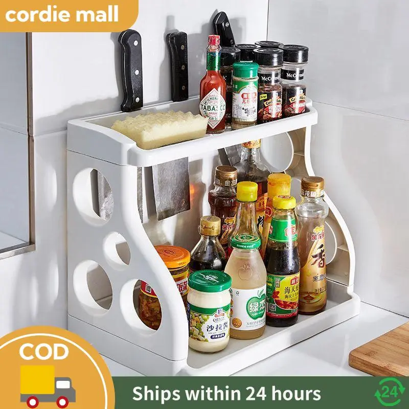 Condiment Floor Rack Double-layer Multifunction Floor-standing Kitchen Storage Rack Punch ...