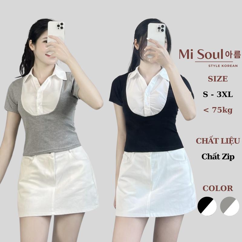 Áo Thun Cotton Pha Sơ Mi Misoul Cộc Tay Phối Cổ Thanh Lịch Dáng Croptop Bigsize 308 Nữ Shirt