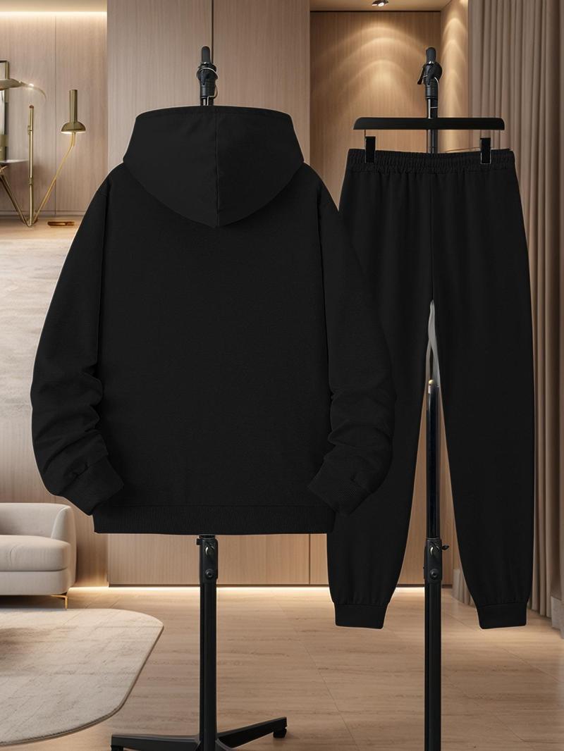 Product Introduction of Men's Solid Zip Up Hoodie & Drawstring Waist Sweatpants Two-Piece Set, Casual Regular Fit Long Sleeve Hooded Sweatshirt & Jogger Pants for Daily Wear, Men's Two-piece Outfits for All Seasons 2