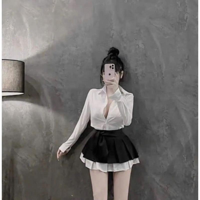 Áo sơ mi Lụa Kèm cavat Phối Chân váy Xê s Li viền Lụa xoè size 40-54kg 5