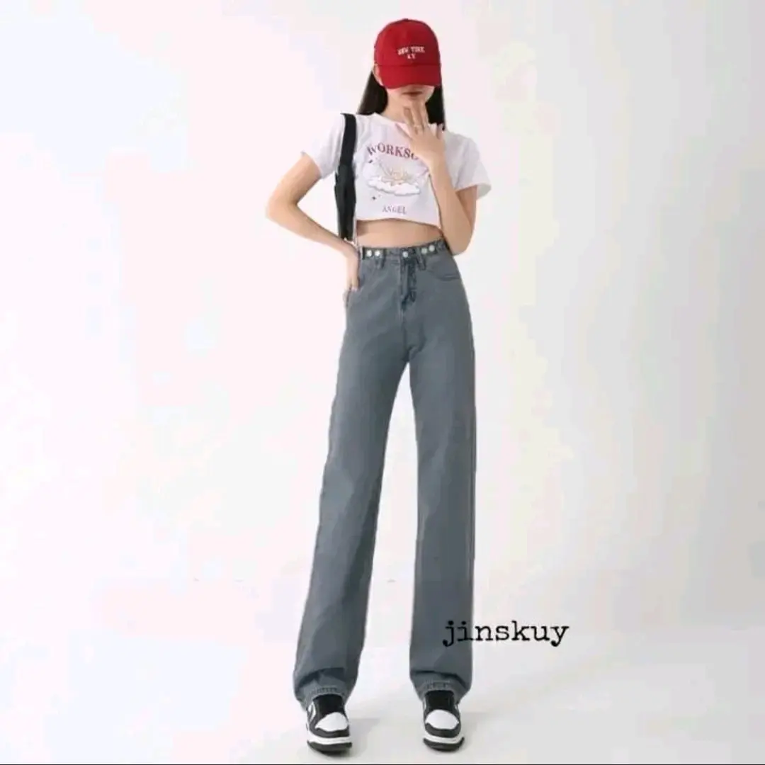 Celana Highwaist Jeans Wanita pinggang kancing yang dapat di sesuaikan GREY