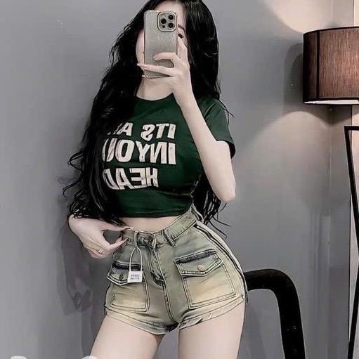  Quần sọt jean nữ co dãn 2 túi hộp dây kéo hông cạp cao hách chân màu bụi Women Kem Pants 2 túi hộp và 2 nắp túi giả phía sau v3 