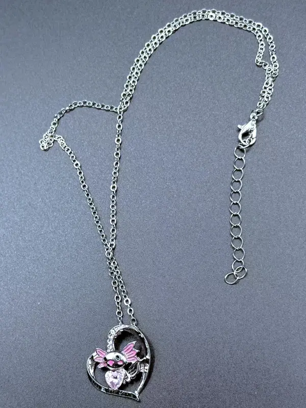Cute Cartoon Axolotl & Heart Rhinestone Pendant Necklace for Kids, Hollow Out Heart Letters Print Necklace, Fashion Jewelry for Party, Daily Clothing Decor, Trendy All-match & Exquisite Jewelry for Kids' Birthday Gifts, Valentine's Day, Gift 3