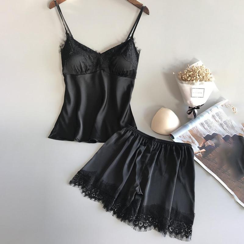 Đồ Ngủ Nữ, Không Tay, Bộ Cami Trang Trí Ren, Đồ Ngủ, Đồ Ngủ Satin, D5T4, Áo 5