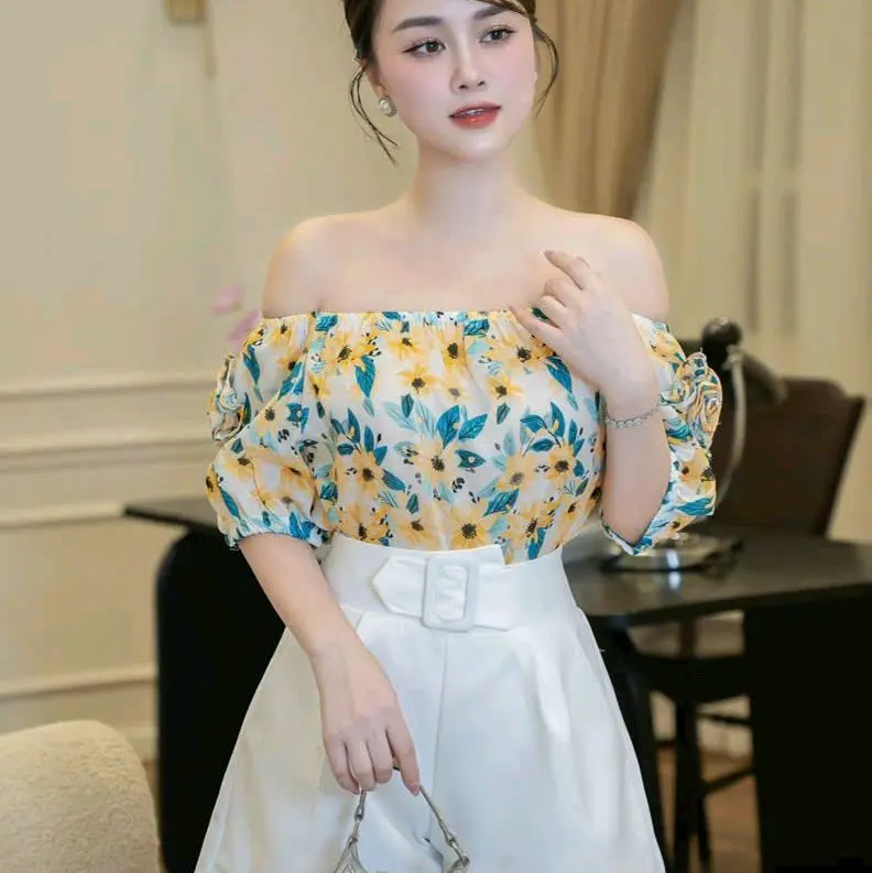 Sét áo trễ vai phối quần short cạp cao xinh mặc đi biển, đi chơi đẹp - Hàng có size s,m,l 3