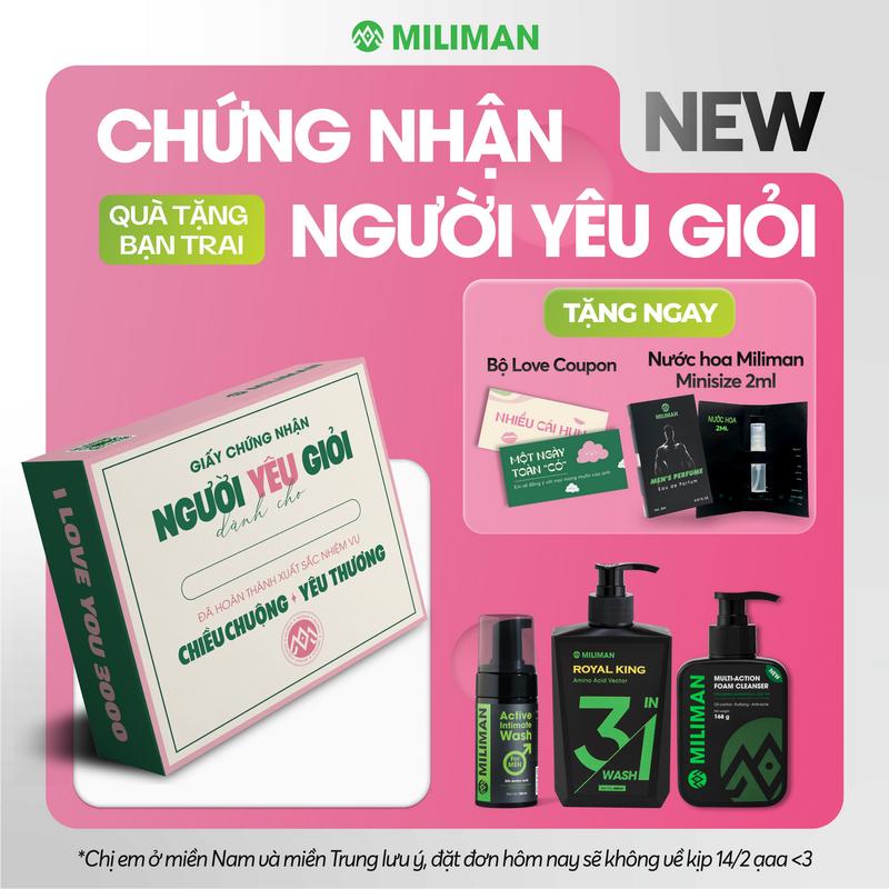 Box Người Yêu Giỏi miliLOVE - Quà Tặng Nam Giới | Gồm Sữa Tắm Gội Dưỡng Thể, Sữa Rửa Mặt, Bọt Vệ Sinh Nam | Tặng Nước Hoa Minisize 2ml + Bộ 20 Love Coupons + Hộp Quà Ý Nghĩa, Quà Tặng Bạn Trai, Quà Tặng Chồng