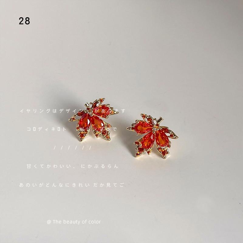 Product Introduction of Micro Paved Zircon Red Maple Leaf Earrings for Women 925 Silver Needle Earrings 14K Plated Niche Personality Earrings Light Luxury Niche Earrings Gift for Girls on Holidays 6