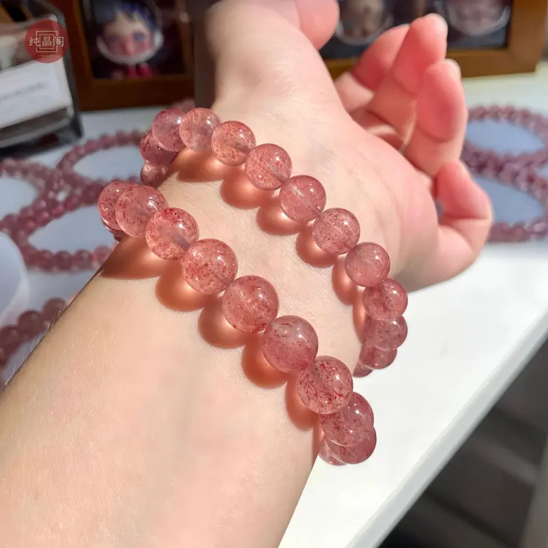 Gelang Tangan Kristal, Putih Air Merah Jambu Kelopak Jelas, Ais Putih Alamiah, Gelang Manik Kristal Strawberi untuk Wanita rose quartz crystal stones pink jade batu jewelry bracelet