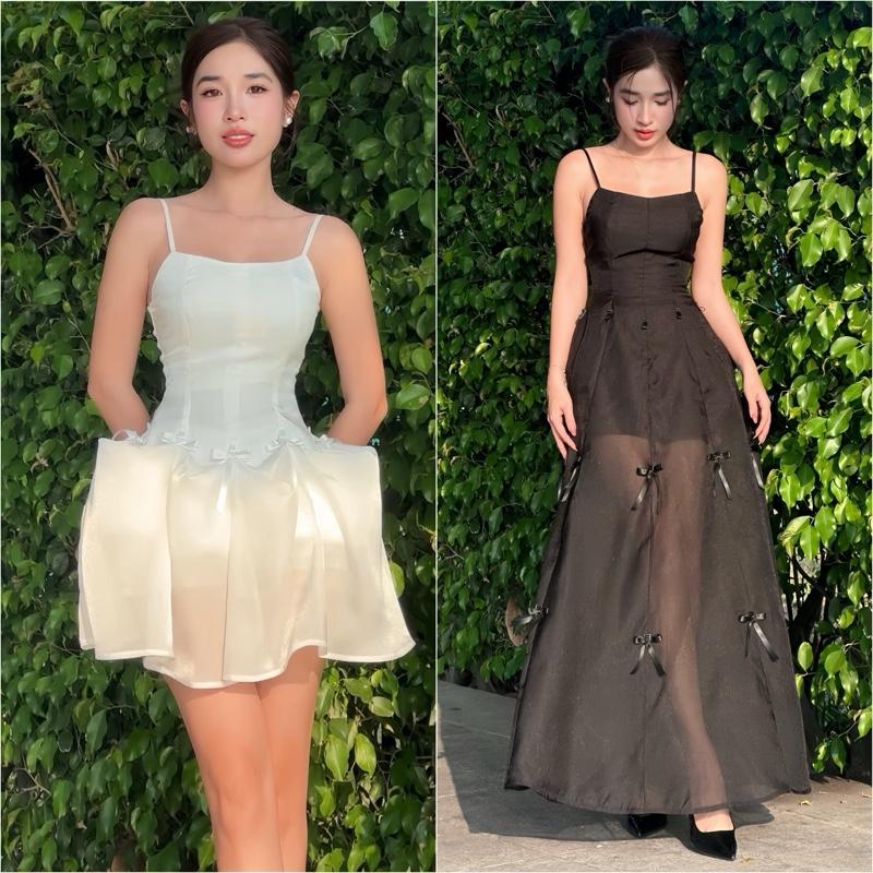 (Kèm quần trong) Đầm Hai Đây Đính Nơ Hai Lớp Chất Chiffon Ánh Kim Kèm Quần Bí Hai Màu Đi Tiệc váy xinh sanh chảnh váy đi biển đẹp Váy Đi Tiệc Đám Cưới Váy Xinh