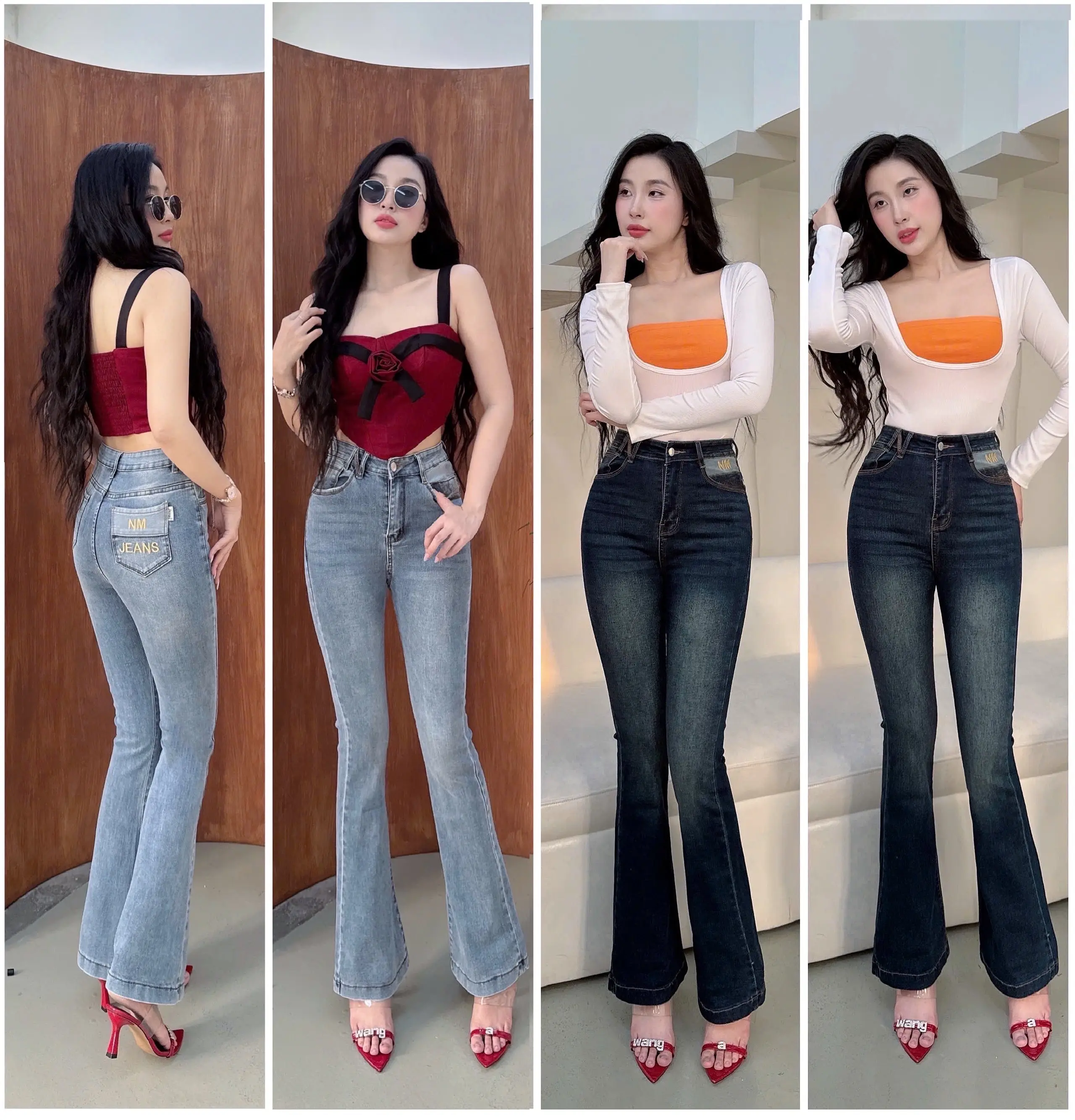 [98-100cm] Quần jean nữ ống loe 1n thêu túi con NM Jeans, chất co giãn, đủ size từ 40kg đến 75kg, Pants, Women