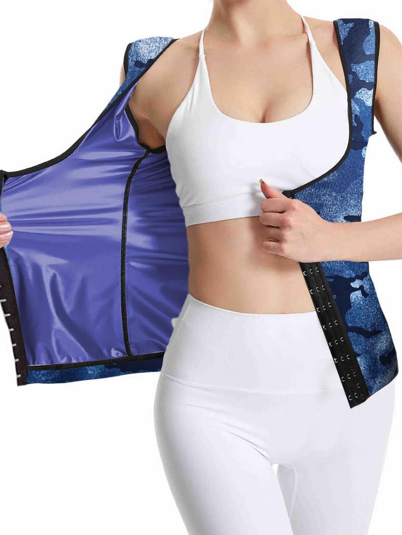 Product Introduction of Women's Solid/Camo Buckle Front Sauna Vest, Casual Sporty Tummy Control Sleeveless Tank Top for Running Training, Ladies Sauna Suit for All Seasons 6