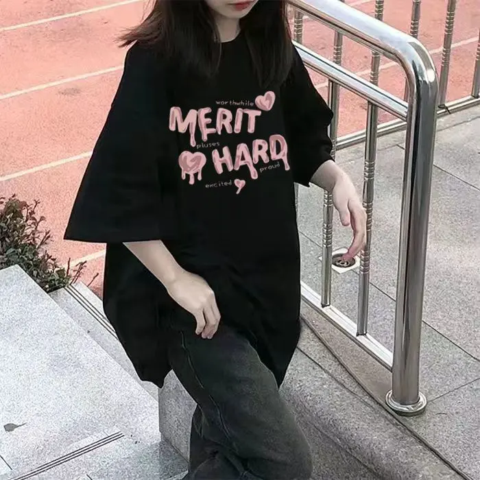 Áo Thun Cotton Ngắn Tay Cho Nữ, Áo Phong Cách Hàn Quốc, Dáng Rộng, Đa Năng, Ins, Cỡ Lớn, Nửa Tay, Màu Đen, Mùa Hè, Mới