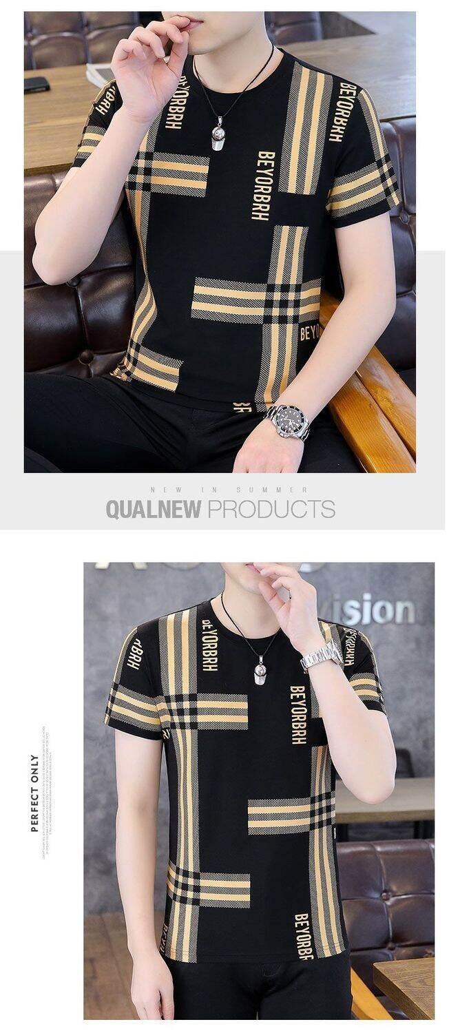 Product Introduction of High-End Ice Silk Short Sleeve T-Shirt Men's Slim Fit round Neck Youthful Summer Casual Shirt Thin Fabric Collision Color 14
