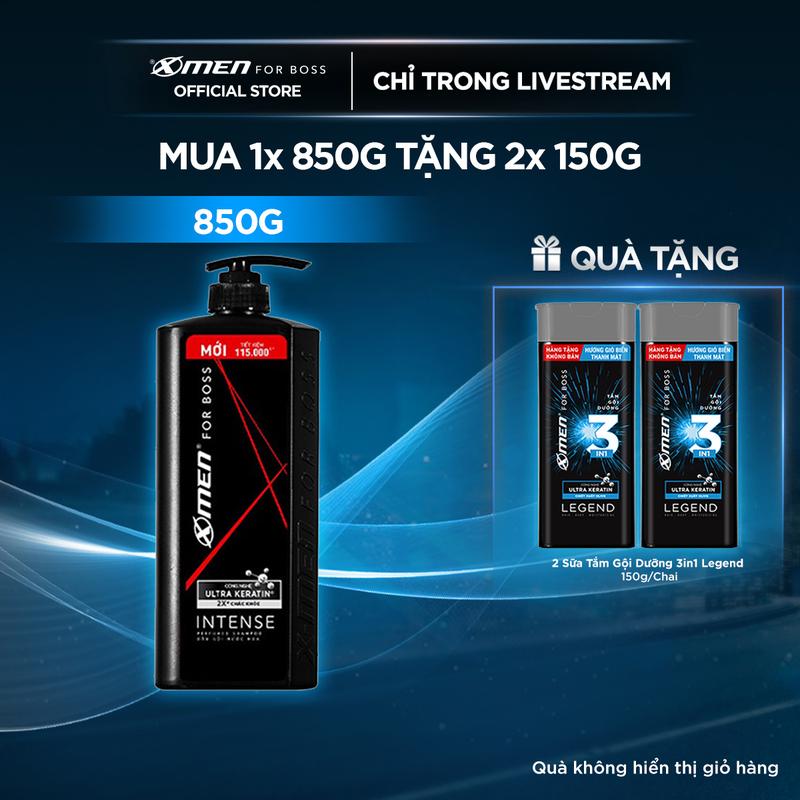 [COMBO MUA 1 ĐƯỢC 3] Dầu gội Xmen for Boss 850g Intense/Legend + Tặng 2 chai Sữa Tắm gội dưỡng 3in1 Legend 150g - Hương nước hoa châu Âu