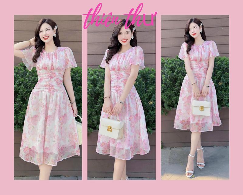 Đầm hoa xếp ly eo nút bọc màu hồng ngọt ngào nàng thơ (có mút) V134-Dưới  55kg Dress