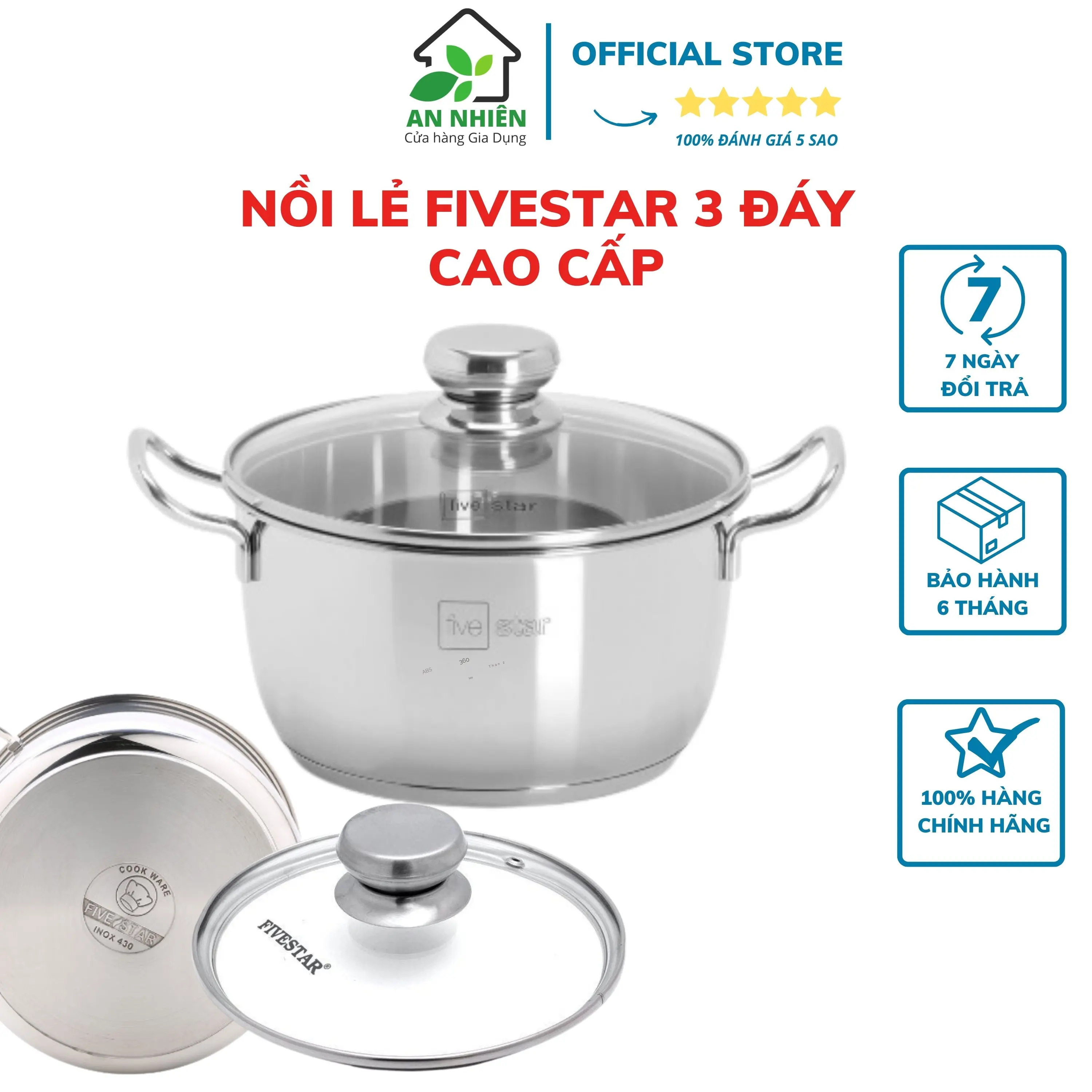 Nồi inox 430 FIVESTAR Standard ca cấp 3 đáy NL-L1 dùng được bếp từ, nắp inox - kính, quai đũa, size16,18,20,24cm|GiadụngAnNhiên