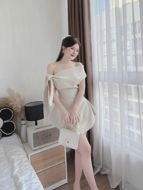 D673 ĐẦM THIẾT KẾ BIGSIZE LỆCH VAI CỘT NƠ DÁNG NGẮN (TÁO ĐỎ BIGSIZE 55-90KG) 3