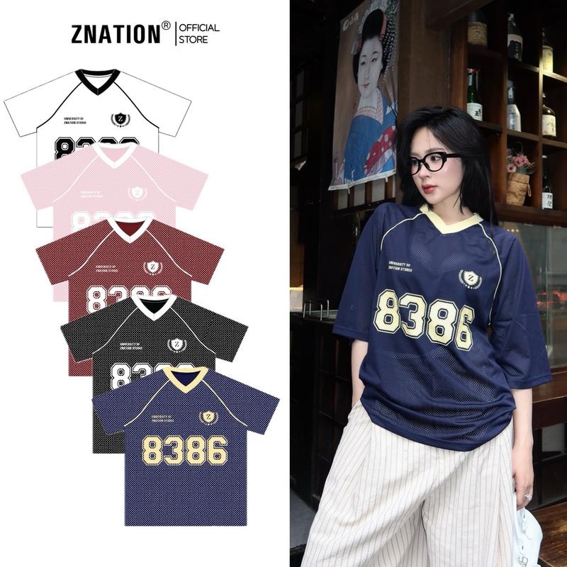 Áo Lưới Thể Thao Ngắn Tay ZNATION Form Rộng Unisex Nam Nữ Cổ Chữ V Hình In Lụa