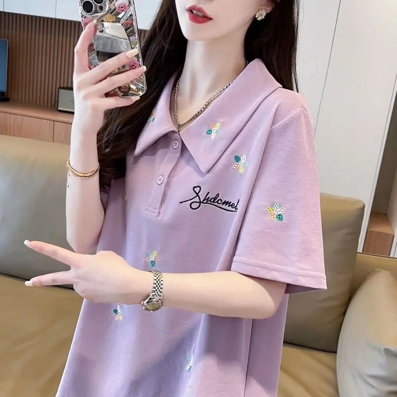 Áo Polo, Áo Thun Ngắn Tay, Quần Áo Nữ Mùa Hè, Mỏng Và Rộng, Ngoại Cỡ, Thiết Kế Giấu Vai, Thêu Mỏng Vừa Vặn, Áo Thường Ngày