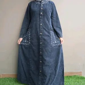 Gamis Jeans Snow Wanita Variasi Bordir Kantong Dan Leher Muslim Panjang Muslim Panjang