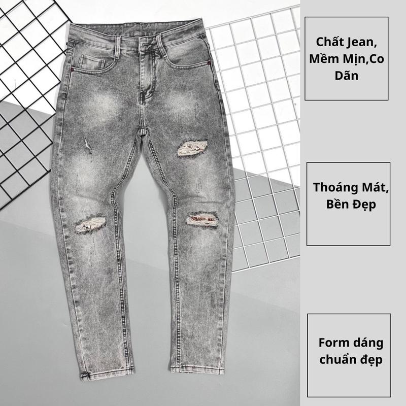 Quần Jean Dài Cho Nam Màu Xám Trắng Họa Tiết Rách Nhẹ Lót Vải Chất Jean Co Dãn Mềm Thoáng Khí