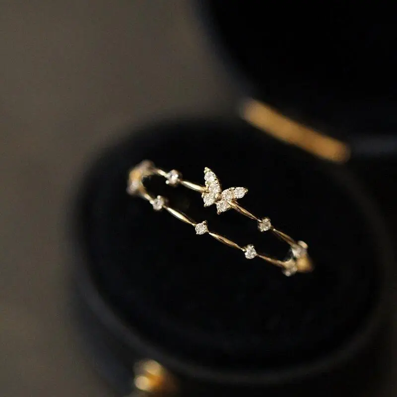 Korean Simple Style Butterfly Dia Crystal S Sterg Sier Gold Women Fashion Jewelry Wedding Engagement Rings