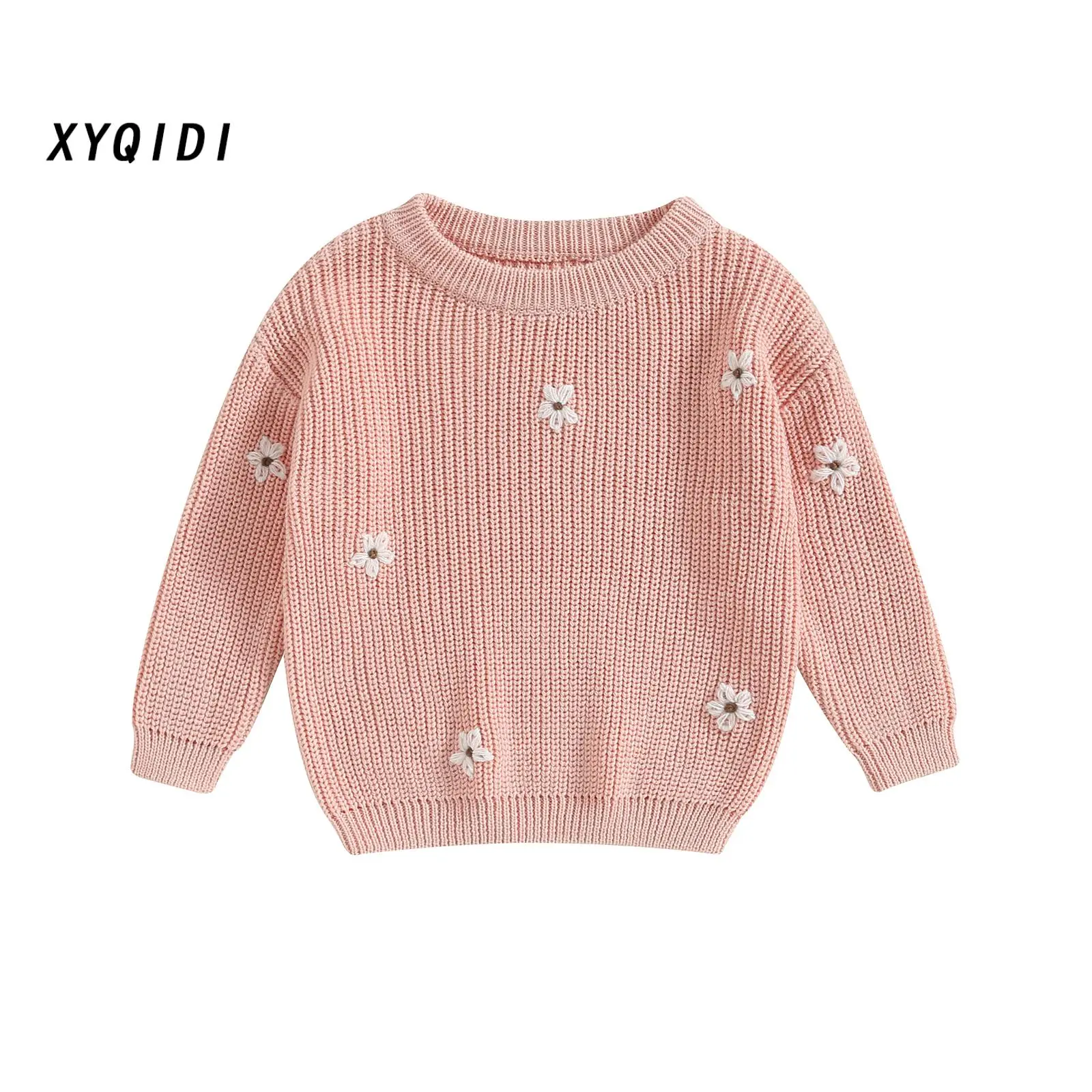 Baby Girl Sweater, Long Sleeve Crew Neck Flower Warm Knit Pullover