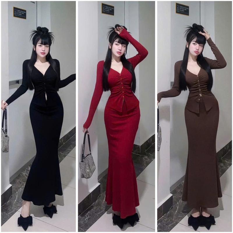 SM - Set áo tay dài cổ tim nhún đính nút phối chân váy đuôi cá dài thanh lịch - thun gân tăm SL7052 set bộ set nữ tôn dáng set chân váy set bộ nữ set đi biển set váy