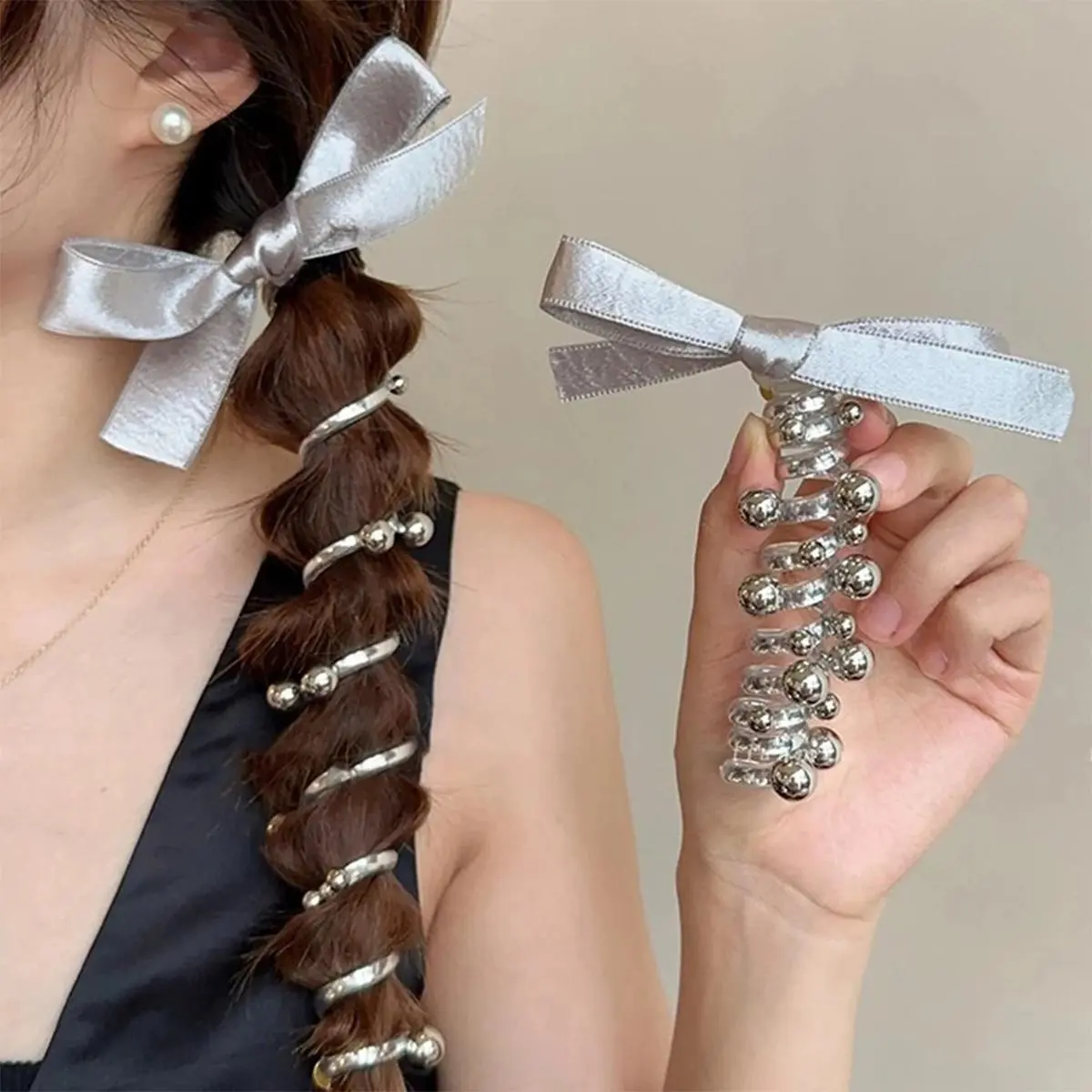 Băng Đô Nơ Ruy Băng Màu Xám, Hàng Mới Về, Dây Buộc Tóc Dây Điện Thoại Đính Cườm Nữ Thun Women Khuyên Tai