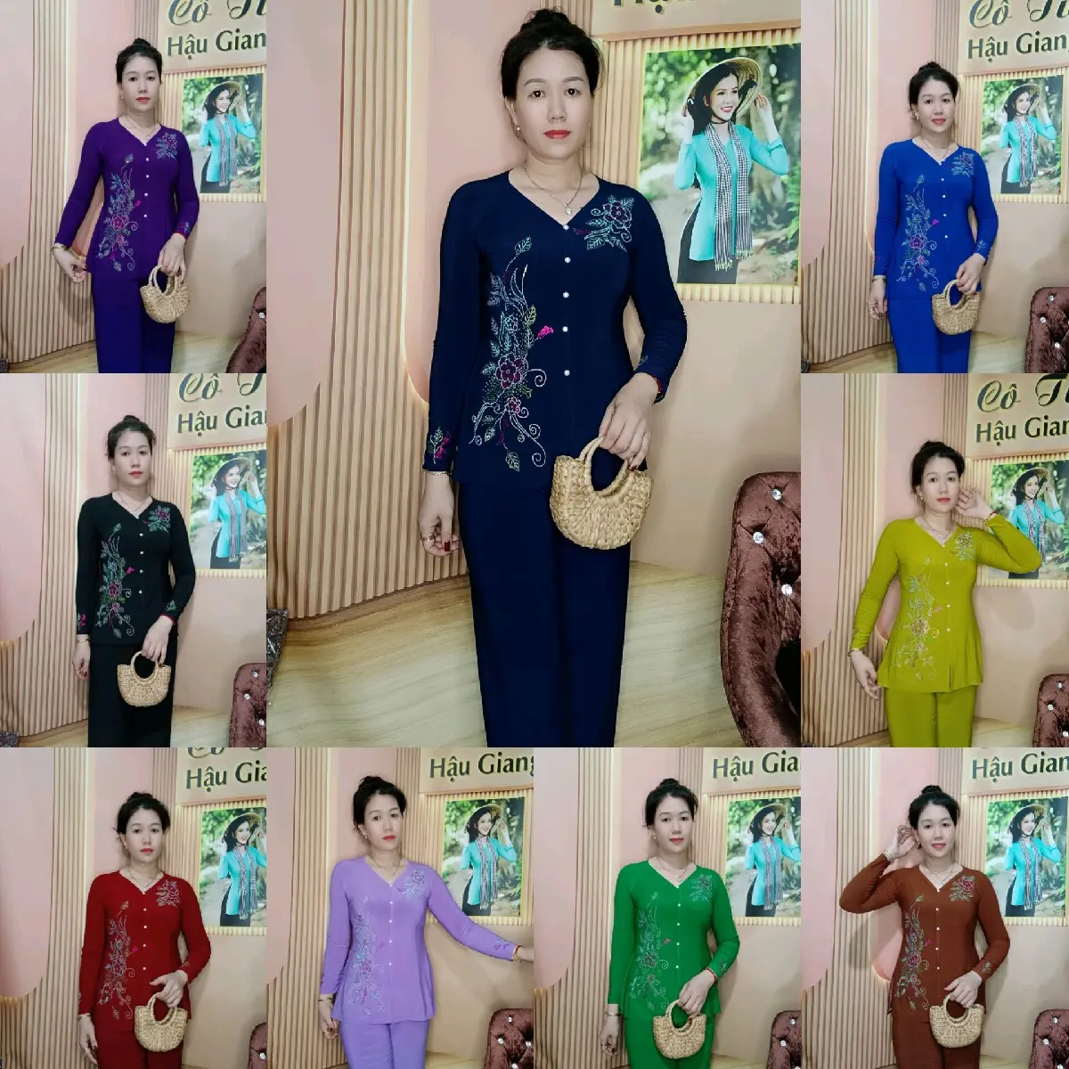 BỘ BÀ BA ĐÍNH ĐÁ CÙNG MÀU QUẦN ỐNG SUÔNG 9 MÀU.(25CM) BÁN CẢ BỘ Nữ Women Thun Ong