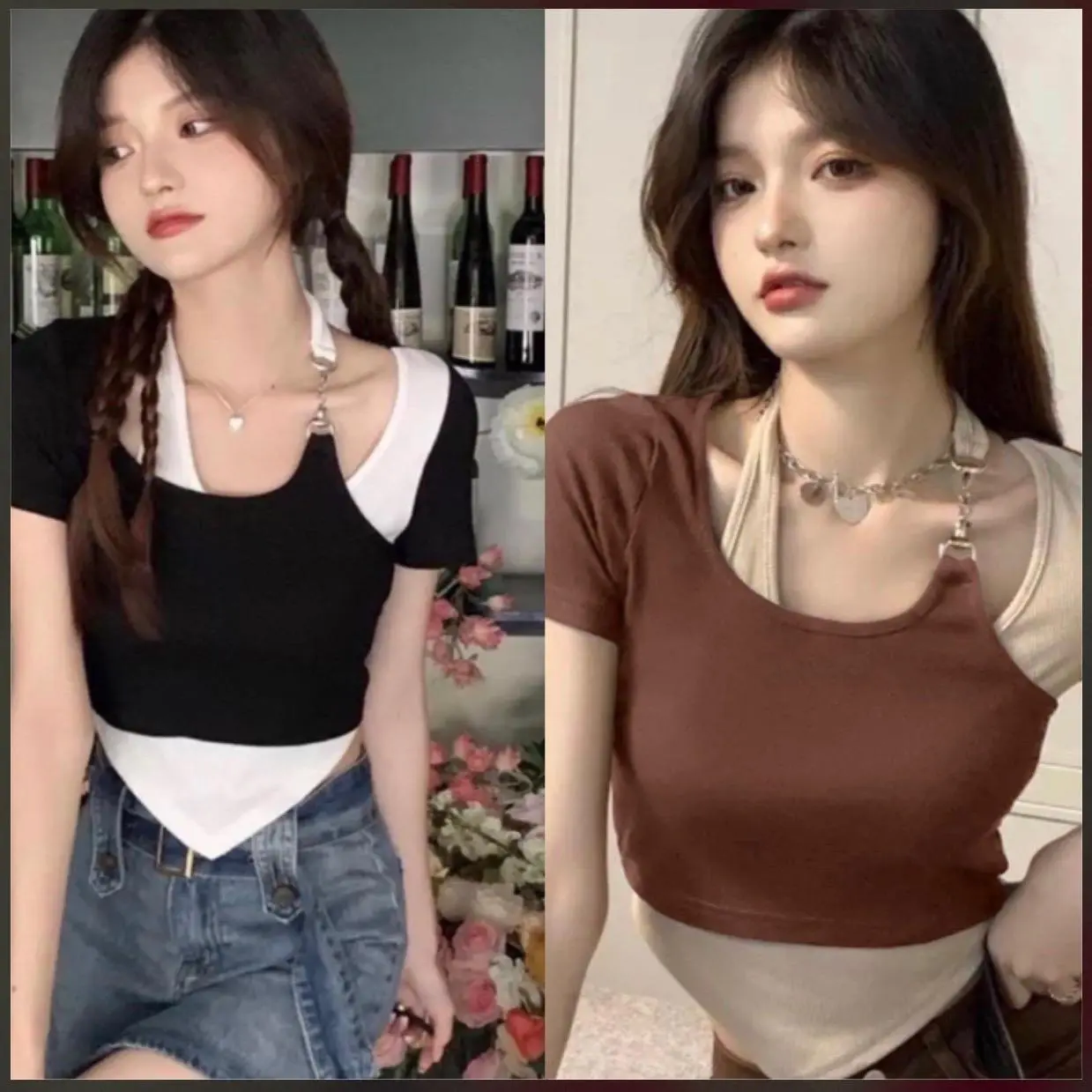 Áo cropttop nữ phối xᶖnh cài khoen
