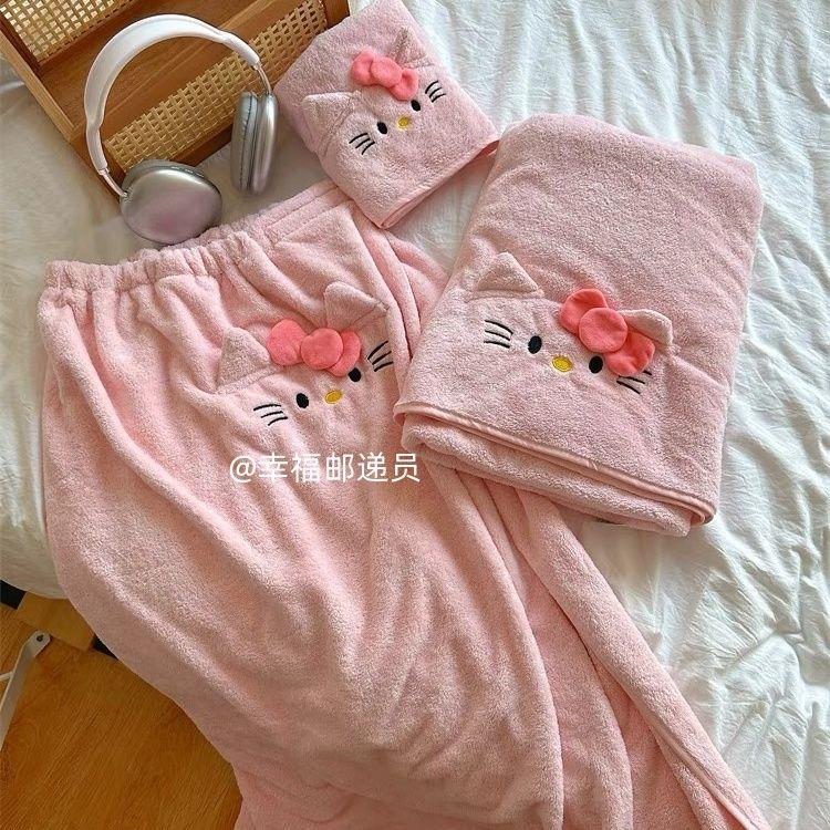 Khăn tắm Hello Kitty Khăn nữ Mũ làm khô tóc Bộ hai hoặc ba mảnh Thiết kế dễ thương Áo choàng tắm lớn Thích hợp cho học sinh Hộ gia đình và các cặp đôi Năm 2024