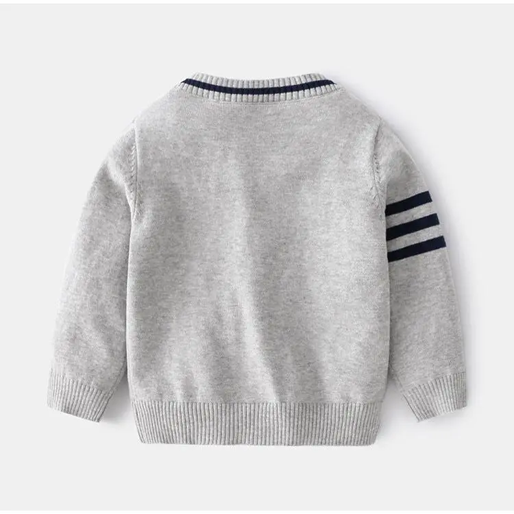 Baju Atasan Cardigan Panjang Kancing Depan Bahan Rajut Fashion Kualitas Anak Cowok Motif Garis-Garis Modish & Stylish Warna Navy Gray Abu-Abu 4