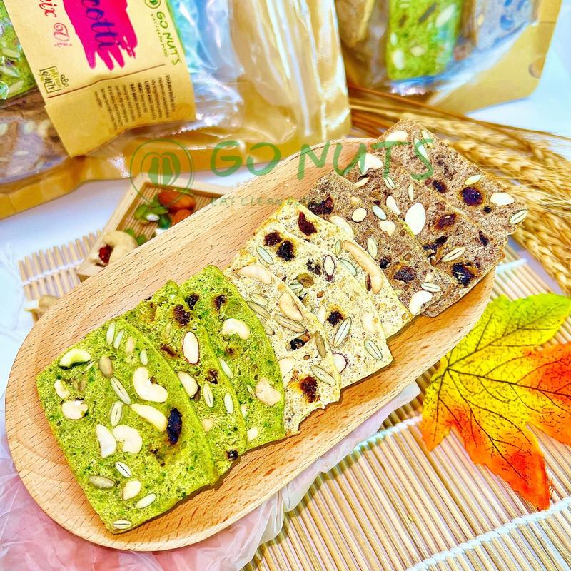 Bánh Biscotti nguyên cám túi 250g GO NUTS 3 vị Vani Matcha Choco Không đường tạo ngọt bằng mật ong bánh hạt mix ngũ cốc dinh dưỡng