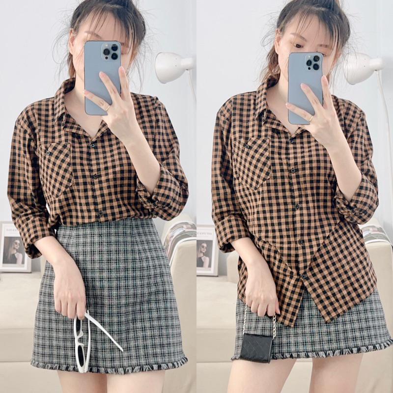 Product Introduction of Áo Sơ Mi Nữ Kẻ Karo Tay Dài Trẻ Trung Năng Động, Áo Sơ Mi Nữ Tay Dài Freesize Chất Cotton Bột Dày Dặn 0