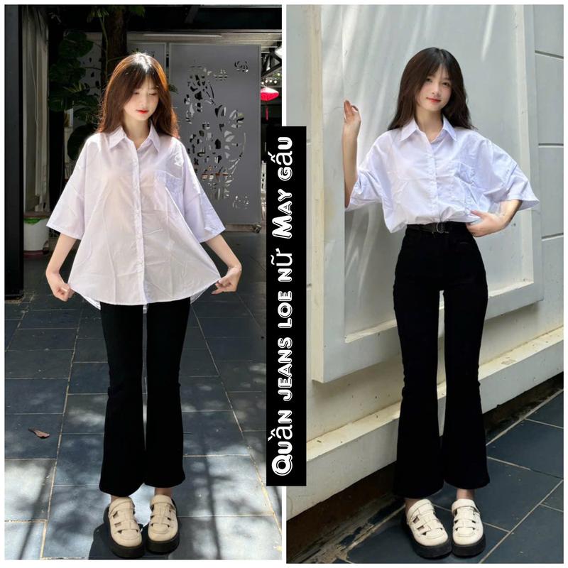 Quần Ống Loe Đen May Gấu | Có Bigsize từ 35 - 70kg | Quần Jean ống loe nữ vải bò giấy co giãn cạp cao