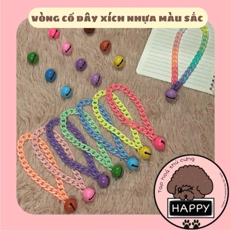 Vòng cổ dây xích nhựa dễ thương cho chó mèo kèm chuông - Dây chuyền đeo cổ thú cưng - Tạp Hóa Thú Cưng Happy 0