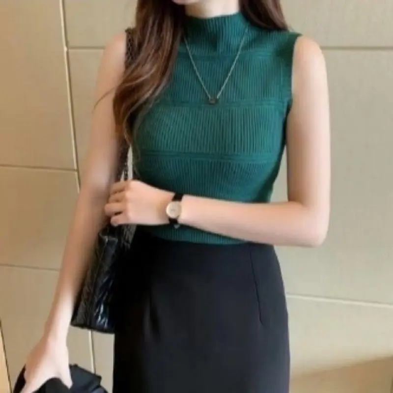 COD- Turtleneck Wanita Tanktop Rajut Impor Tank Top Blouse Korean Motif 3 Garis 1