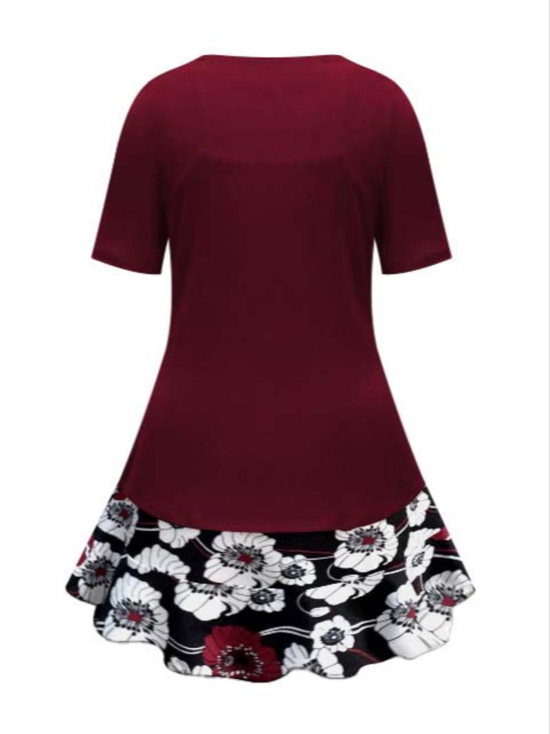 Product Introduction of 【Plus Size】 Floral Print Ruffle Hem Tie Front Two-piece Set, Elegant Cami Dress & Short Sleeve Outerwear for Spring & Fall, Women's Outfits for Daily Wear 6