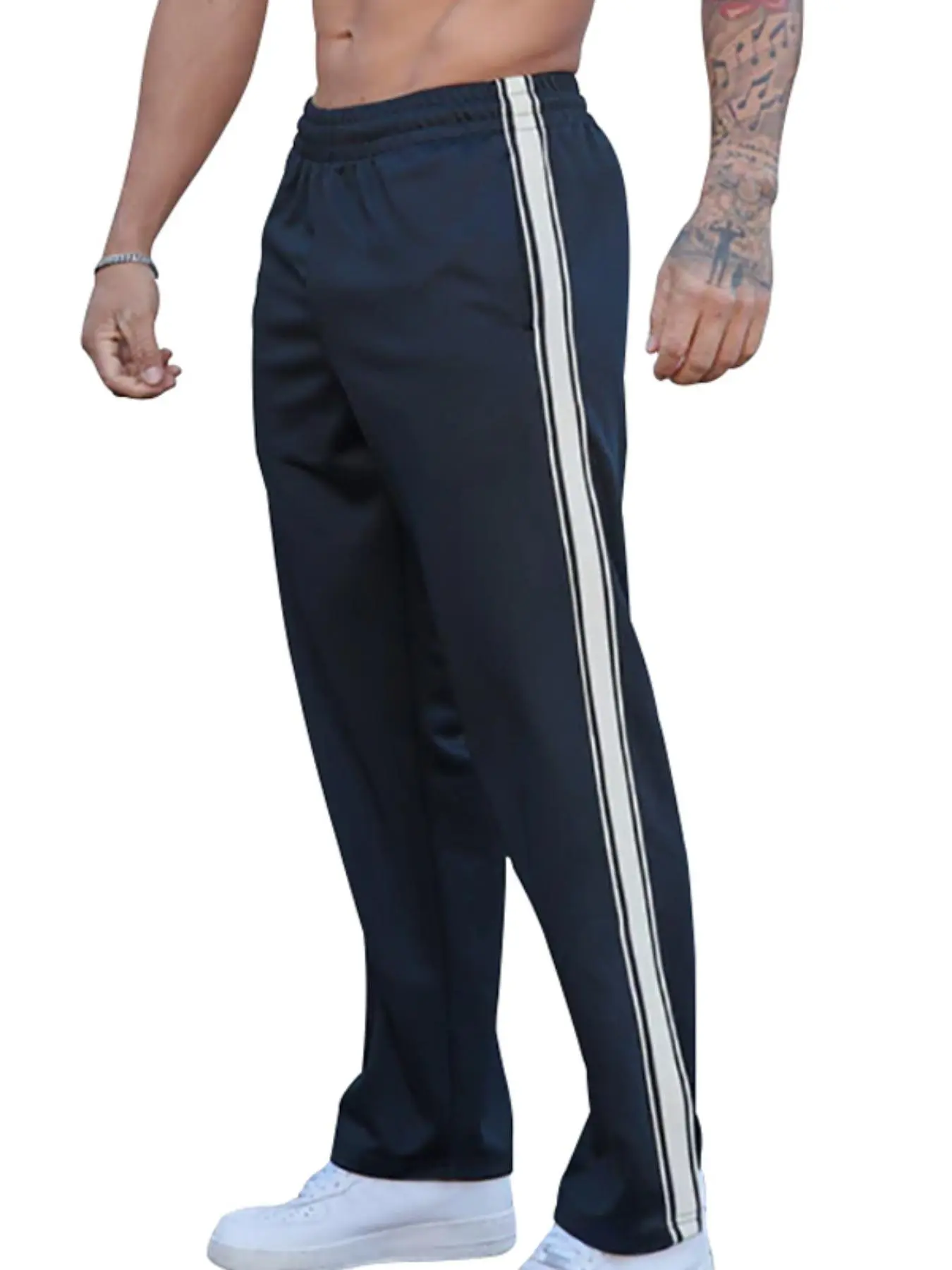 Men's Side Striped Print Drawstring Waist Pants, Casual Comfy Loose Straight Leg Trousers for Daily Wear, Men's Bottoms for Fall