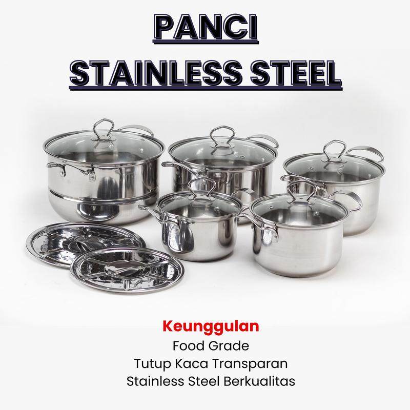 Panci Set Stainless Steel Premium | Tutup Kaca dan Steamer Isi 5 ...