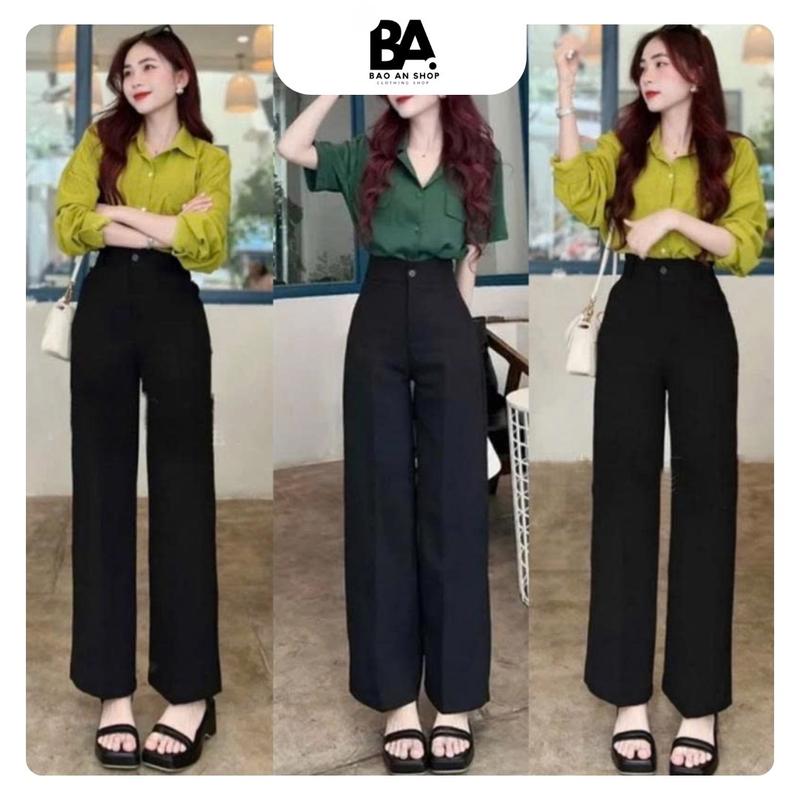 Quần Ống Rộng Suông Nữ Lưng Cao 1 Nút Khóa Trước Dáng Quần Tây Nữ Ống Rộng Cạp Cao Màu Đen Vải Dày Dặn Pants Dáng Dài Women Ong 0
