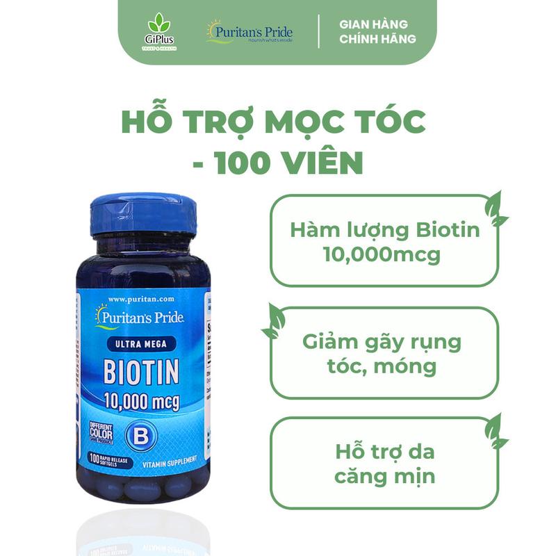 Viên Uống Puritan’s Pride Ultra Mega Biotin 10,000mcg Hỗ Trợ Mọc Tóc, Giảm Gãy Rụng Tóc Và Chắc Khỏe Móng 100 Viên