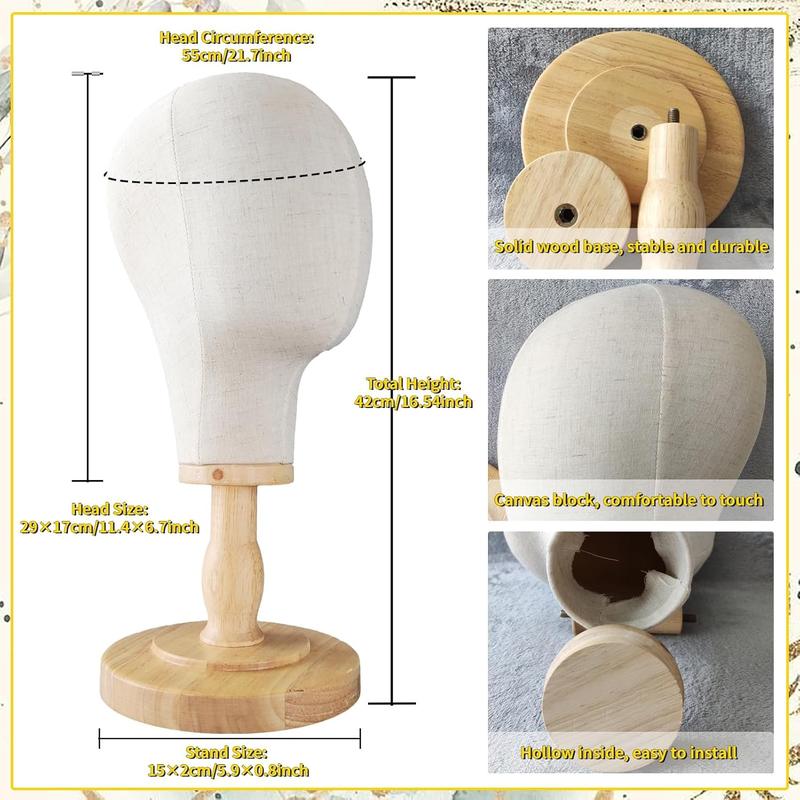 Local shipping- 21" Wig Head Stand, Mannequin Head Hat Display Stand Wig Holder Dome Canvas + Detachable Wood Stand, Canvas Block Mannequin Head Model Hat Rack Fabric Head 2
