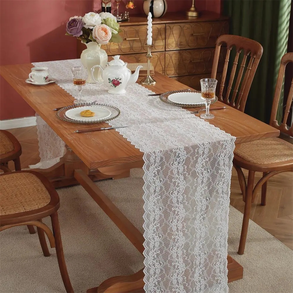 Lace Table Runner, 1 Count Solid Color Tablecloth, Table Decoration Supplies for Home Kitchen Dining Room Wedding Birthday Party