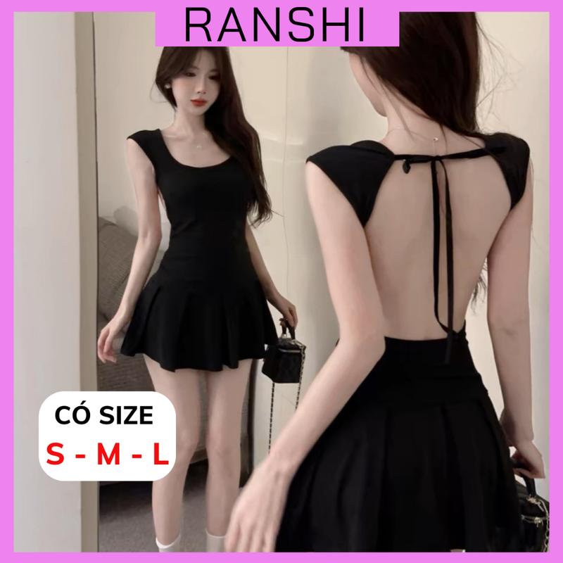   CÓ SIZE  Đầm Body Đuôi Cá CÓ MÚT VÀ QUẦN RANSHI Váy Cổ Vuông Hở Lưng Thắt Dây Chất Thun Cotton Mềm Mát Váy Body Nữ Tôn Dáng - RBD139 Nữ Women Dress Màu Đen 