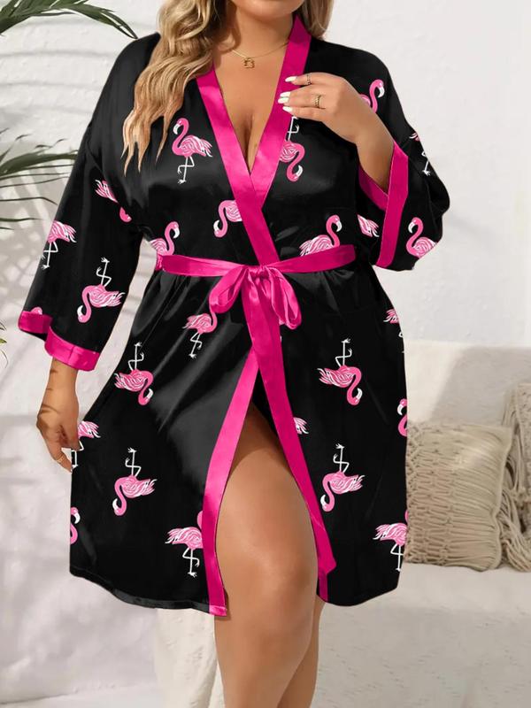 【Plus Size】 Flamingo Print Belted Robe, Casual Long Sleeve Robe, Women's Sleepwear for Spring & Fall 4