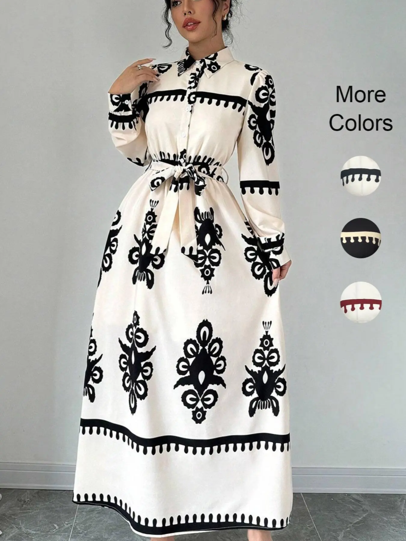 Women's Floral Print Button Front Belted Shirt Dress, Boho Long Sleeve Collared Dress for Fall & Winter, Women's Clothes for Daily Wear, Longsleeves
