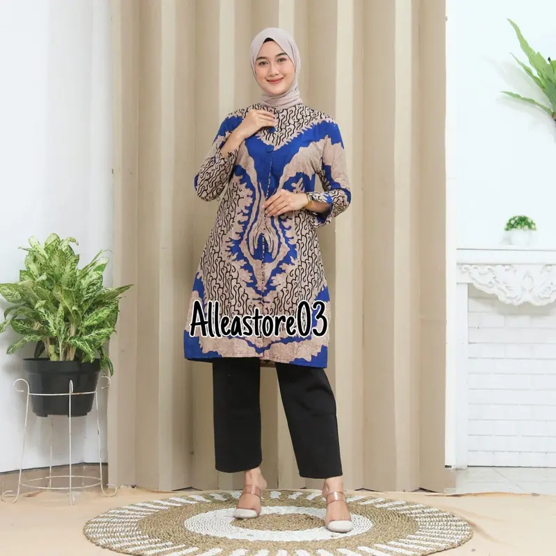 Tunik Kancing terbaru modern dress, Pakaian muslim wanita lengan panjang tunik batik Katun Nyaman 4
