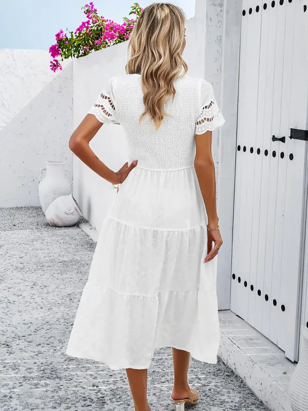Women's Plain Shirred Tiered Layer A Line Dress, Fashion Ruffle Hem Short Sleeve Midi Dress for Daily Beach Holiday Vacation, Ladies Summer Clothes, Summer Dresses 2025, Womenswear 4